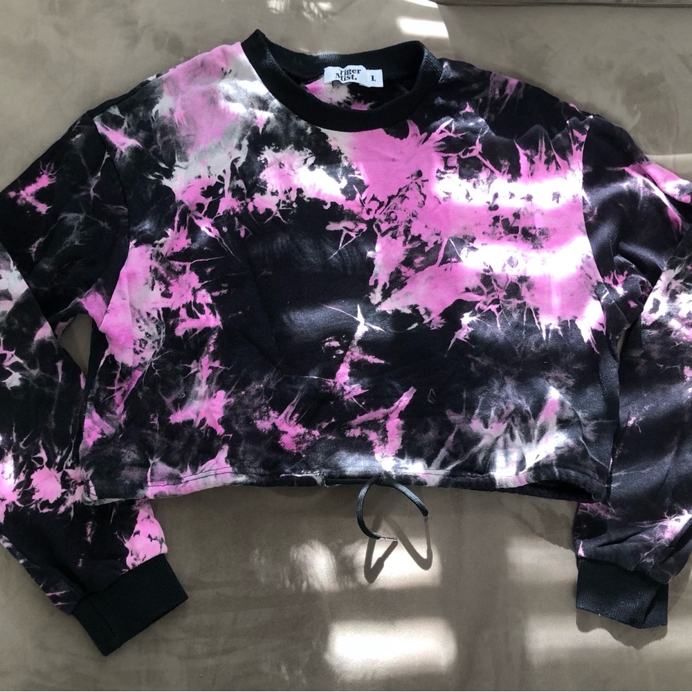 Tiger Mist Pink & Black Tie Dye Cropped Sweatshirt - Size Large